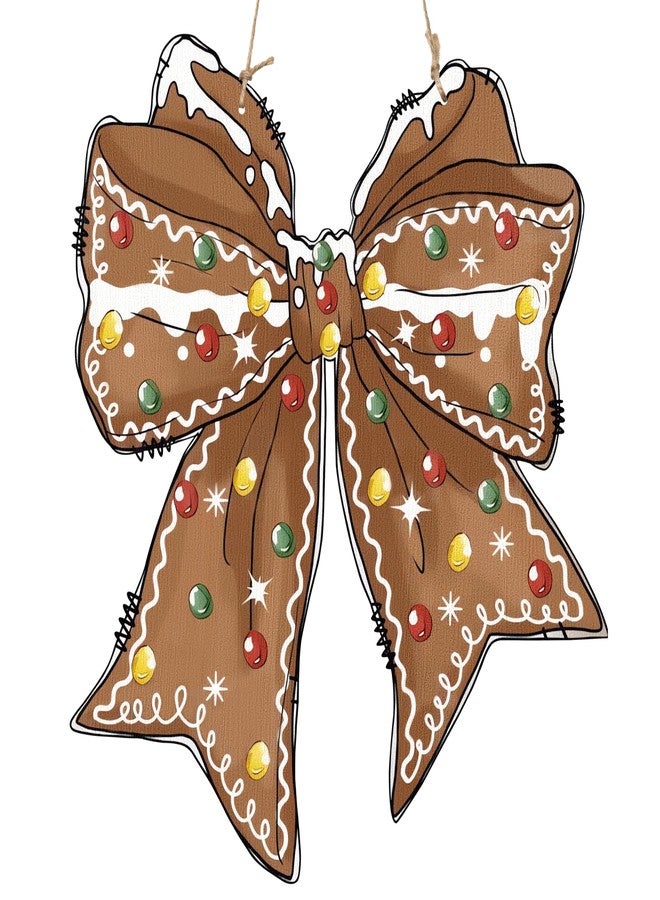 Eartim Christmas Bow Gingerbread Wooden Door Sign - Coquette Bow Gingerbread Pattern Wood Hanging Welcome Sign Vintage Wall Art Door Hanger for Girl Room College Dorm Apartment Porch Photo Props Decor - Image 1